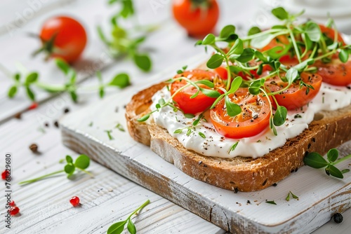 Sandwich with cream cheese, microgreens and tomatoes on wooden table