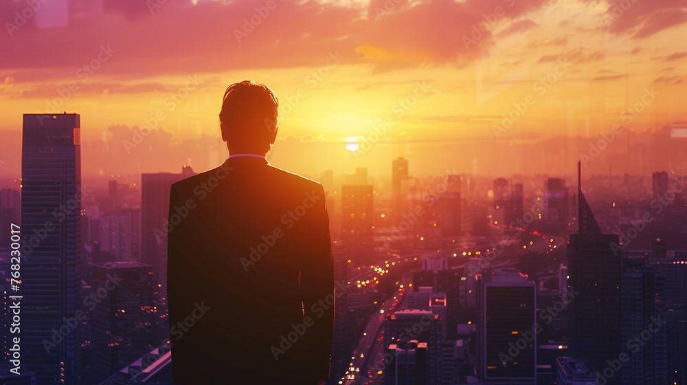 Businessman's silhouette blends with cityscape during sunrise, symbolizing progress.