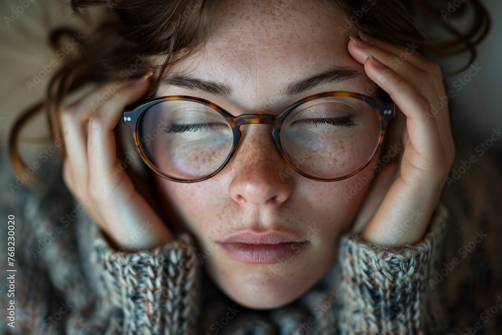 This image captures a drained woman massaging her eyelids and setting aside her glasses, symbolizing the exhaustion of a freelancer or student battling eyestrain or dry eye syndrome This image captures a drained woman massaging her eyelids and setting aside her glasses, symbolizing the exhaustion of a freelancer or student battling eyestrain or dry eye syndrome