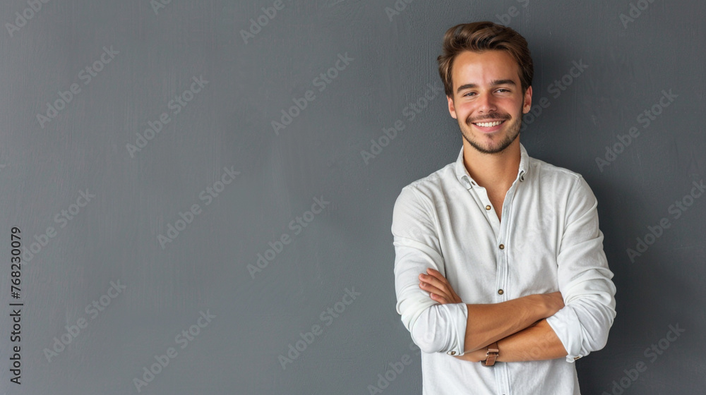 Cheerful young man standing confidently with arms folded against gray backdrop. Cheerful young man standing confidently with arms folded against gray backdrop.