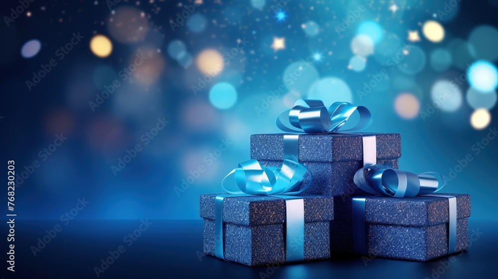 Blue gift boxes with glowing glitter on blurred background. New year, Christmas, thanks giving and surprise concept. Blue gift boxes with glowing glitter on blurred background. New year, Christmas, thanks giving and surprise concept.