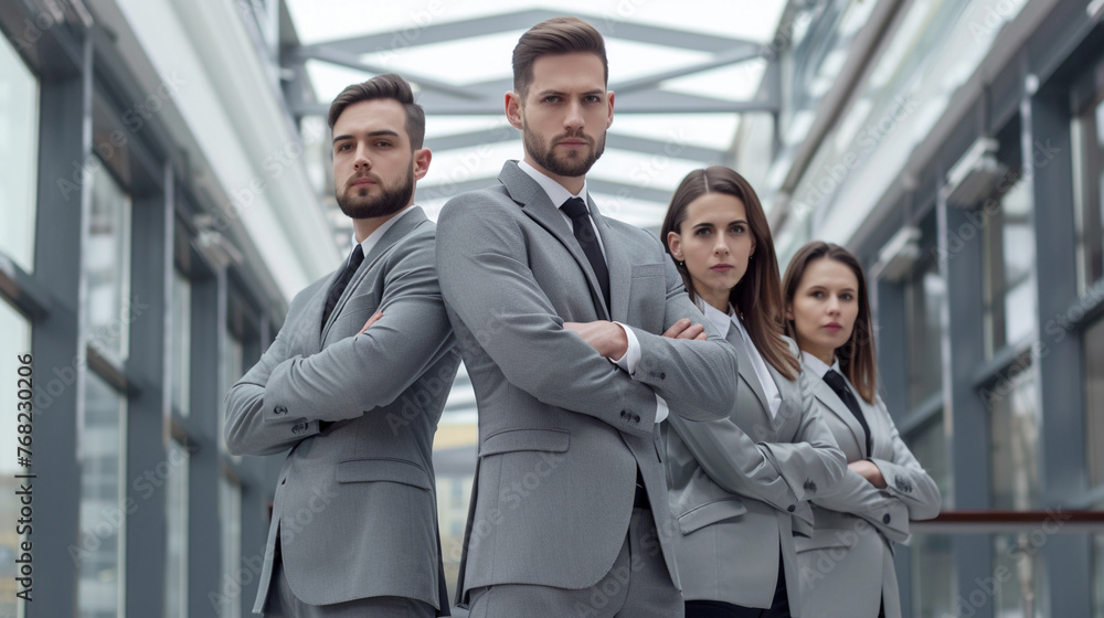 Confident business team in gray suits, standing with folded hands. Confident business team in gray suits, standing with folded hands.