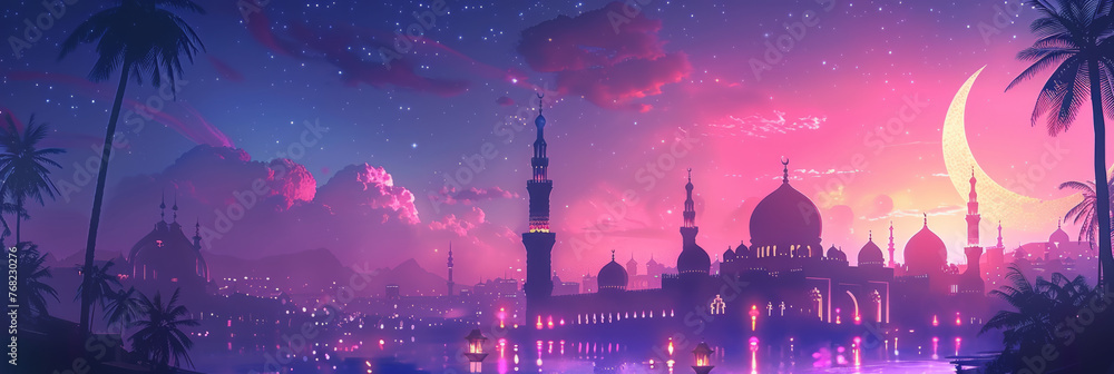 Enchanted cityscape with mosques and lanterns under a crescent moon. Fantasy Arabic night for Ramadan, Eid al-Fitr, and Eid al-Adha. Panoramic design for wallpaper, festive banner