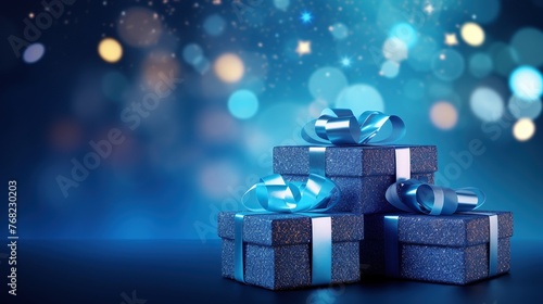 Blue gift boxes with glowing glitter on blurred background. New year, Christmas, thanks giving and surprise concept. © Alpa