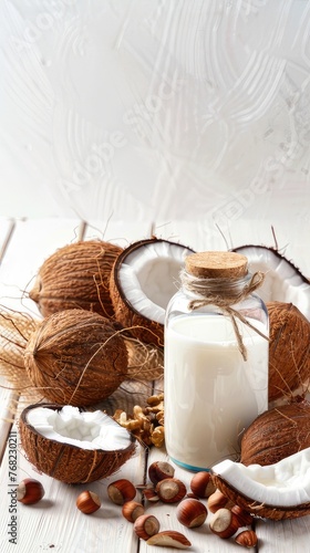a bottle of milk, assorted nuts, and a halved coconut arranged on a pristine white wooden table against a clean and simple background, accentuated with bright colors.