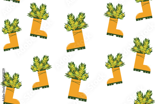Pattern Mimosa in yellow boot.  Yellow flowers with leaves. Spring flowers. Floral composition. Vector illustration on wthite background photo