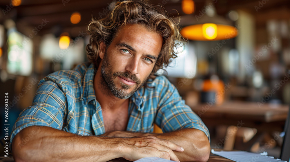 Handsome man with curly hair smiling in a casual setting. Handsome man with curly hair smiling in a casual setting.