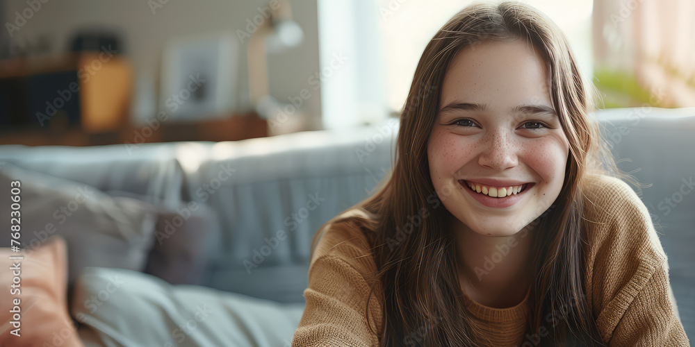 Smiling Teenage Girl sits on the couch at a psychologist's appointment. Smiling young girl enjoying a conversation.  - obrazy, fototapety, plakaty 