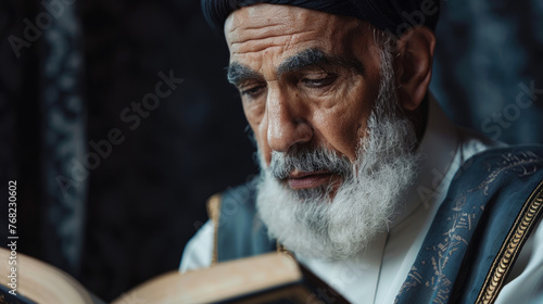 Close-up of a senior man with a beard reading a sacred text. Wisdom and learning concept. Intimate religious portrait for cultural and spiritual contexts