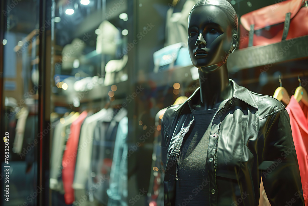 Mannequin wearing stylish clothes on showcase in store Mannequin wearing stylish clothes on showcase in store