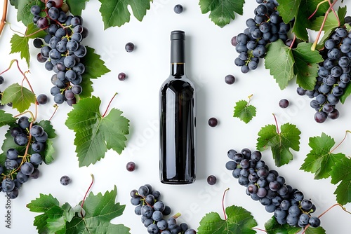 Black wine bottle with fresh grapes forming a circle around it on a white background photo