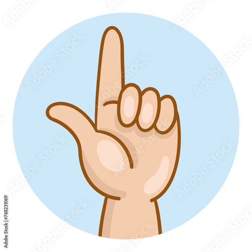 Avatar icon with a child's hand showing the index finger up. In a blue circle. Isolated on white background. Vector illustration.