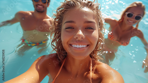 Group of happy friends enjoying a swim on a sunny day, taking a selfie.