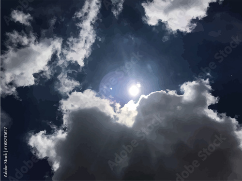 The sun shone brightly and was surrounded by many clouds.