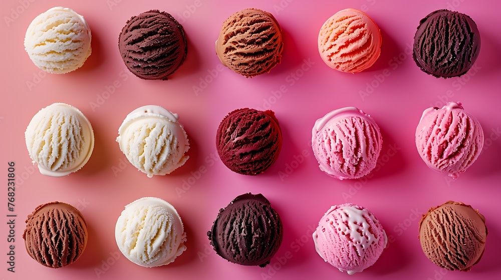 Neatly Arranged Colorful Ice Cream Scoops on Pink Background, Top View for Sweet Dessert Lovers