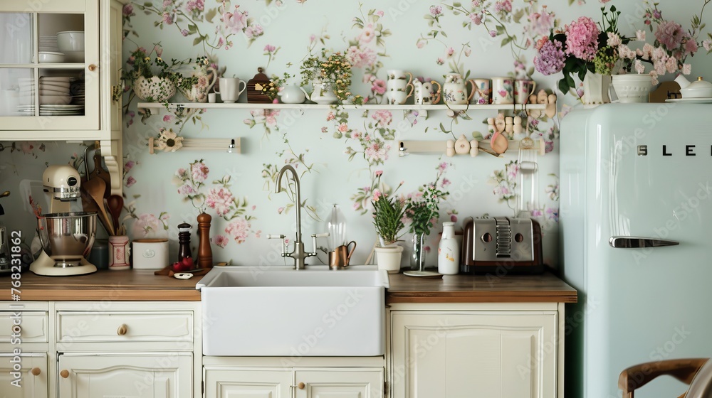 A kitchen styled with classic elegance, featuring a white cabinet with a wooden top, a sink, an oven, an induction hob, a vintage fridge, kitchenware, utensils, and floral decorations A kitchen styled with classic elegance, featuring a white cabinet with a wooden top, a sink, an oven, an induction hob, a vintage fridge, kitchenware, utensils, and floral decorations