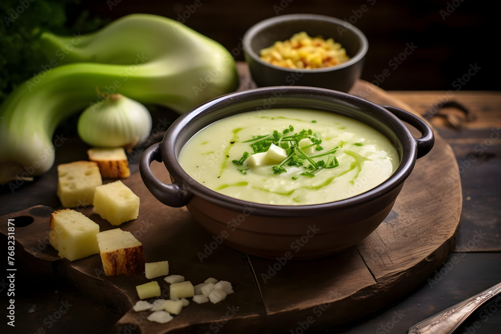 Leek and Potato Soup, Creamy and comforting soup with leeks and potatoes, perfect for chilly days. Generated AI