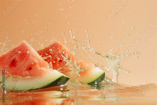 Fresh ripe sliced watermelon slices in splashes of water  healthy fruit