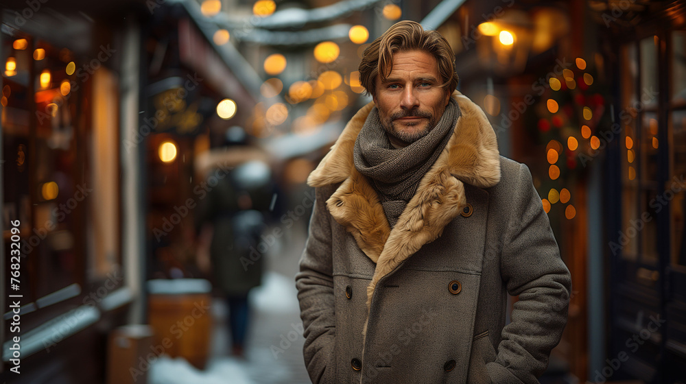 Handsome man in winter coat walking in a festive street market. Handsome man in winter coat walking in a festive street market.