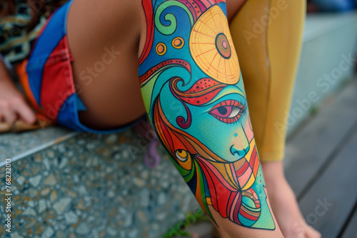 A woman with colorful tattoos on her legs sits on a bench