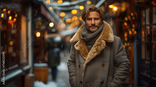 Handsome man in winter coat walking in a festive street market.
