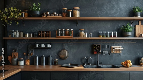 A loft-style modern home kitchen design featuring a rustic touch with a black wall adorned with shelves, trays, jars, mugs, and a sink
