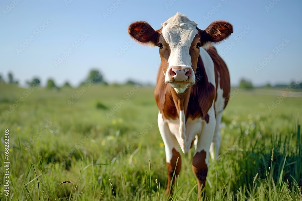 Cow standing in a green field. Agriculture industry and livestock husbandry. Milk production concept. Design for banner, poster with copy space. 