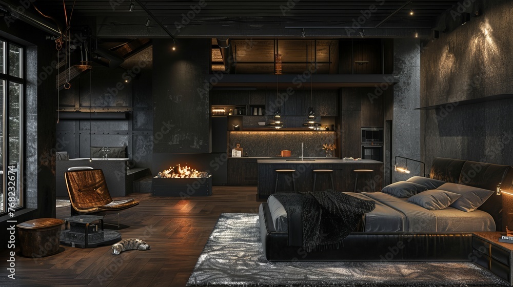 A luxurious loft-style studio apartment, presenting a dark-themed free layout with a chic kitchen island, a cozy bedroom with a fireplace, and a personal fitness area A luxurious loft-style studio apartment, presenting a dark-themed free layout with a chic kitchen island, a cozy bedroom with a fireplace, and a personal fitness area