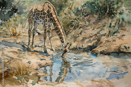 A giraffe is shown bending its long neck to drink water from a stream in this painting