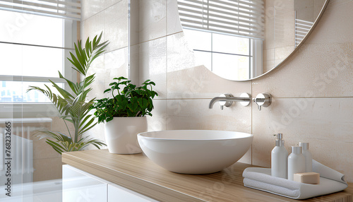 Interior of light bathroom with counters  sink and mirror