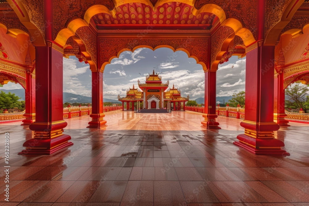 Obraz premium Majestic Hindu temple with jungle and mountains in the background