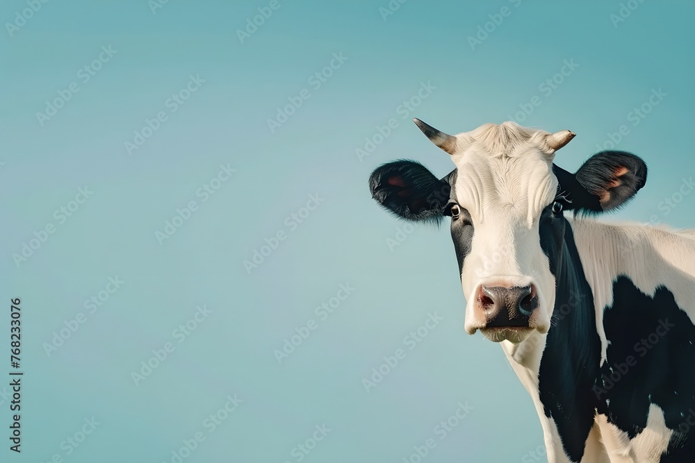Cow against a blue sky. Agriculture industry and livestock husbandry. Milk production concept. Design for banner, poster with copy space