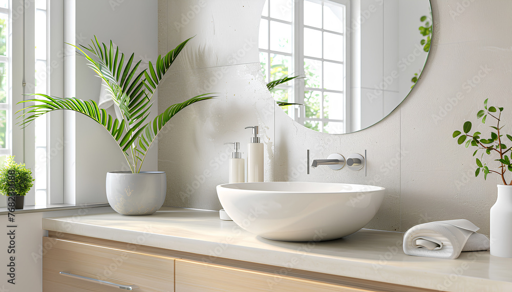 Fototapeta premium Interior of light bathroom with counters, sink and mirror