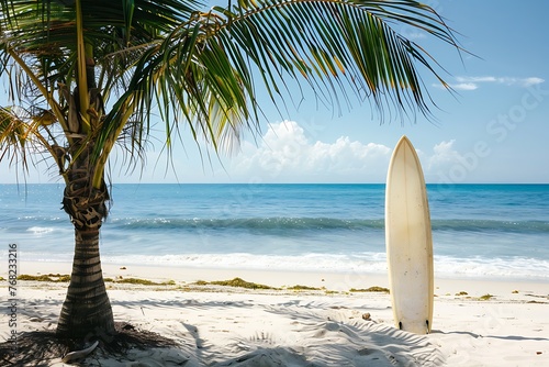 Palm tree and surfboard on a tropical beach with white sand and blue water © Maksym