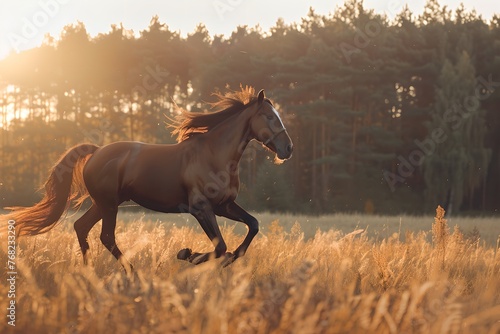 Horse running through a field at sunset. Agriculture industry and livestock husbandry. Design for banner, poster. Freedom concept