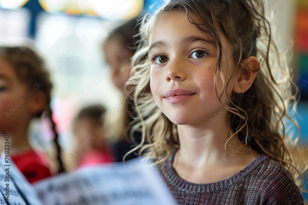 A young girl smiles gently in a classroom, exuding youthful innocence and joy in an educational environment A young girl smiles gently in a classroom, exuding youthful innocence and joy in an educational environment