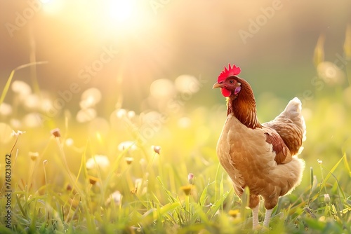 Chicken in a field with sunlight. Agriculture industry and livestock husbandry. Poultry production concept. Design for banner, poster with copy space