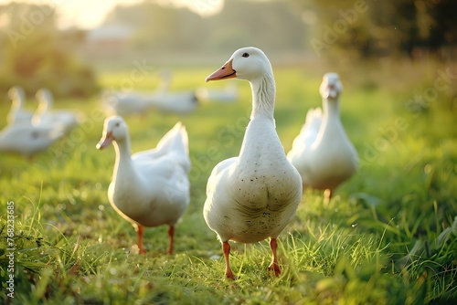 Geese walking in grass. Agriculture industry and livestock husbandry. Poultry production concept. Design for banner, poster 