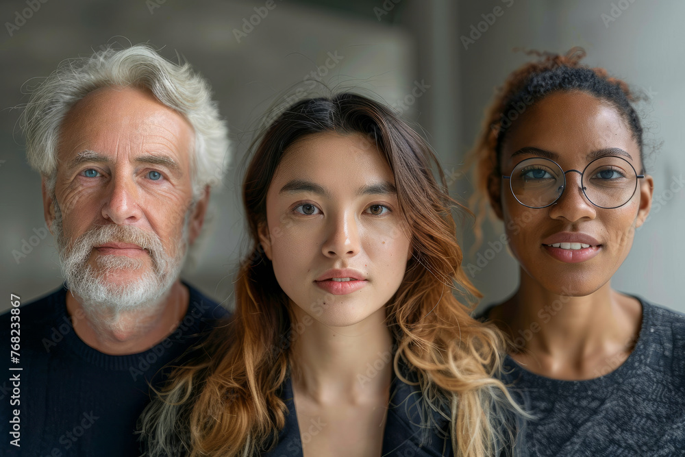 people are standing in front of a wall. The woman in the middle has a serious expression on her face. Portrait of different people. Background with selective focus, copy space people are standing in front of a wall. The woman in the middle has a serious expression on her face. Portrait of different people. Background with selective focus, copy space