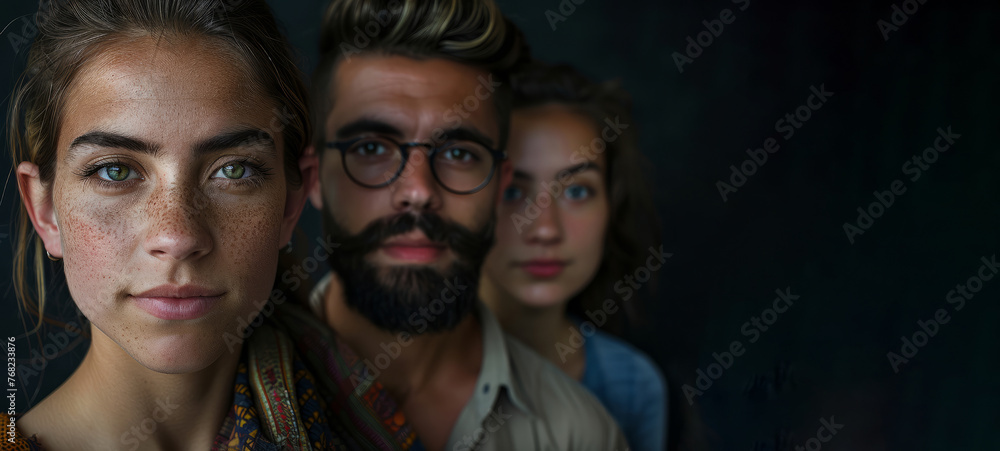 people are standing in front of a wall. The woman in the middle has a serious expression on her face. Portrait of different people. Background with selective focus, copy space people are standing in front of a wall. The woman in the middle has a serious expression on her face. Portrait of different people. Background with selective focus, copy space