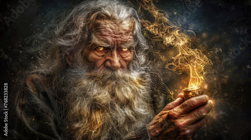 An elderly man clutching a burning candle in his hand © sommersby