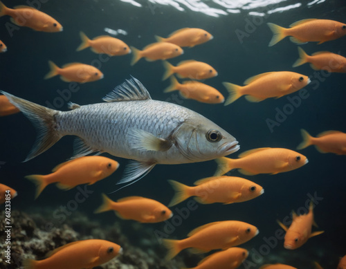 Solitary Fish Among Orange Fish School Underwater