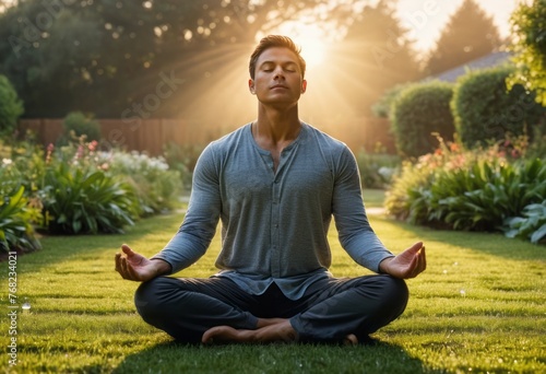 A man meditates peacefully in a vibrant garden. The serene setting enhances his mindfulness practice.