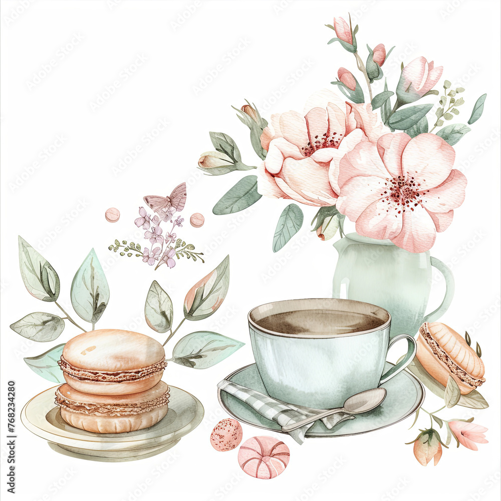 Whimsical watercolor clipart featuring a cozy French café surrounded by ...