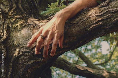 Someones hand touching a tree, connecting the soul with nature, close up
