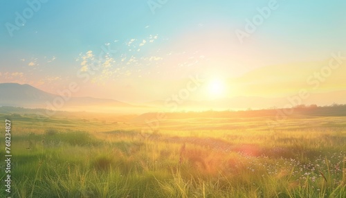 Sun Setting Over Grassy Field © DigitalMuseCreations