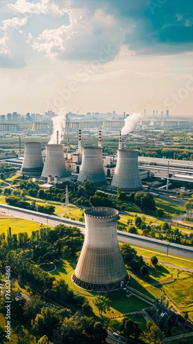 View from afar of a nuclear power plant, operating nuclear reactors against the backdrop of nature, peaceful atom