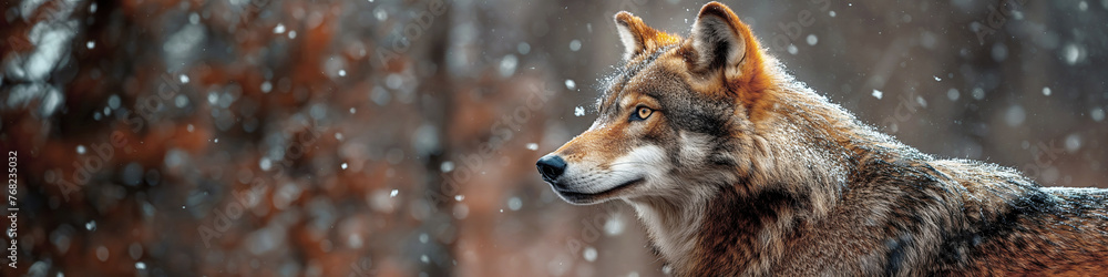 portrait of gray wolf in winter in forest with snow close-up