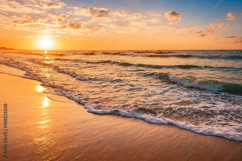 Sunset on the beach. Paradise beach. Tropical paradise, white sand, beach, palm trees and clear water.