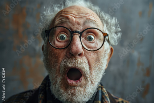 A elderly man with glasses and a beard is looking surprised. He has a beard and glasses on his face. Portrait of amazed old man with an open mouth and round big eyes wearing eyeglasses